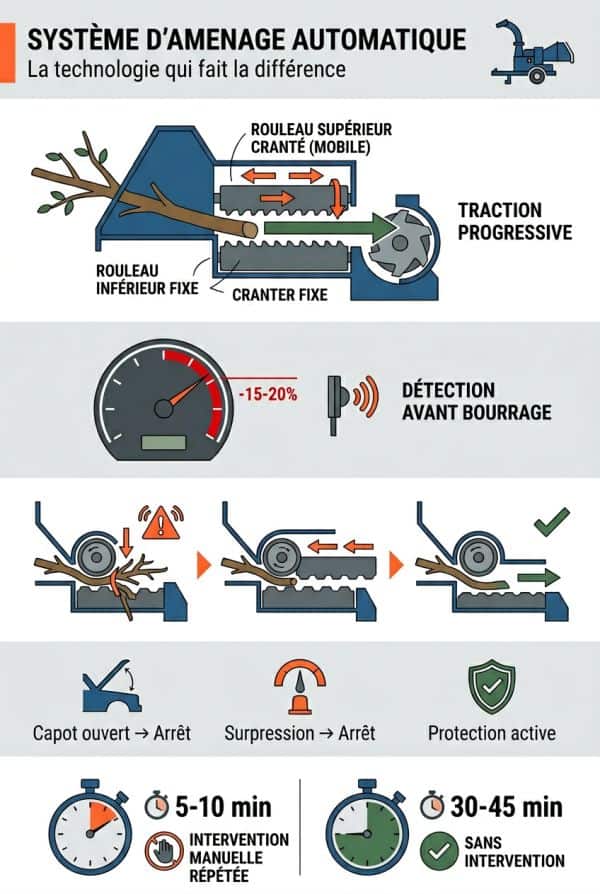 Systèmes d'amenage automatique : rouleaux, détection de bourrage et inversion