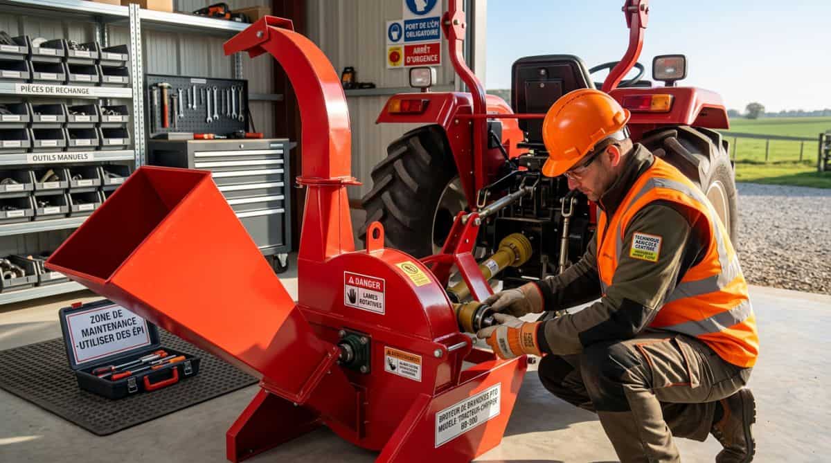 Broyeur de branches sur tracteur : montage prise de force